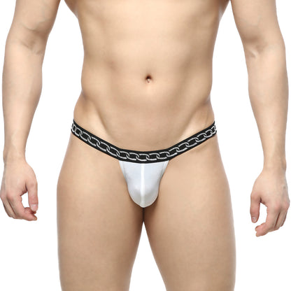 White mens thong with a black waistband featuring an embossed chain-link pattern from MetroMaleWear Rhapsody 4002-71