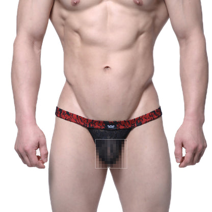 Black lace thong with red and black patterned waistband and small logo MetroMaleWear Spy Glass Thong Black 4002-80