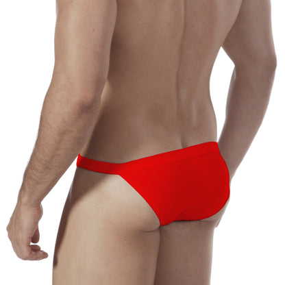 Bright red form-fitting swim trunks with a sleek minimalist design from MetroMaleWear Modern Bikini Red 4004-12