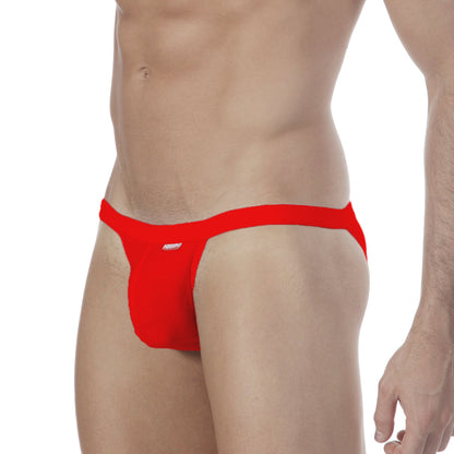 Red men’s thong with snug fit and white madness embroidery from metromalewear modern bikini red 4004-12