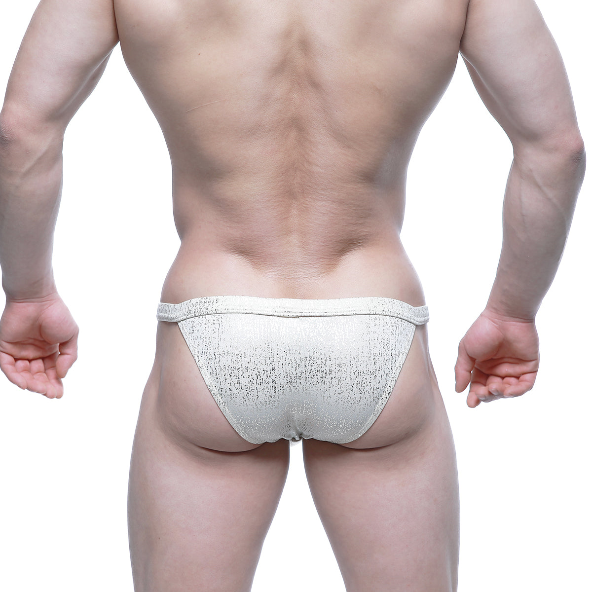 White textured MetroMaleWear Gloria bikini briefs with a subtle shimmering finish for comfortable daily wear