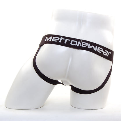 Black metronewear satin silk jock strap briefs with sleek form-fitting design and elastic waistband front view