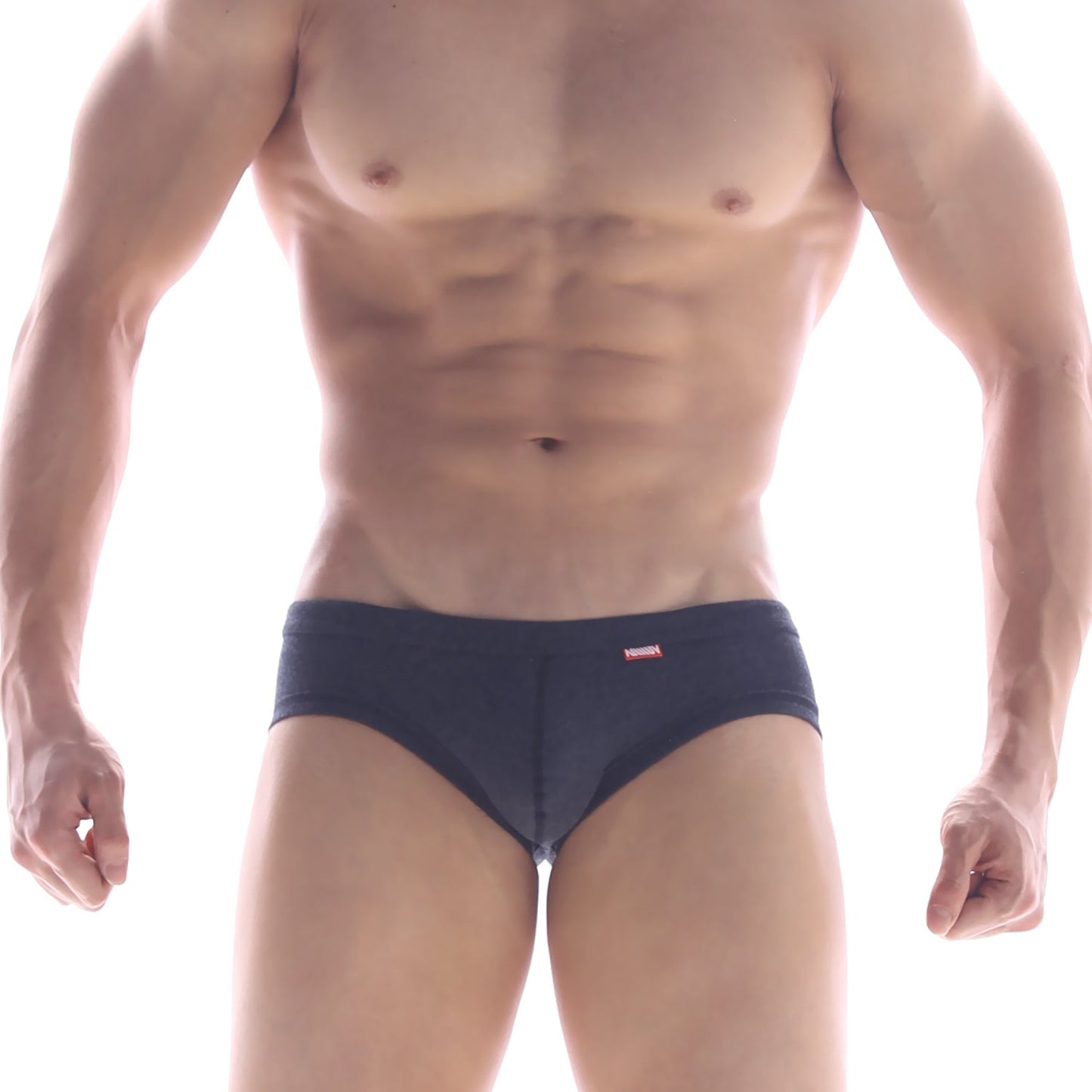 Navy blue MetroMaleWear modern trunk briefs with a small red logo on the waistband in charcoal 4013-11 design