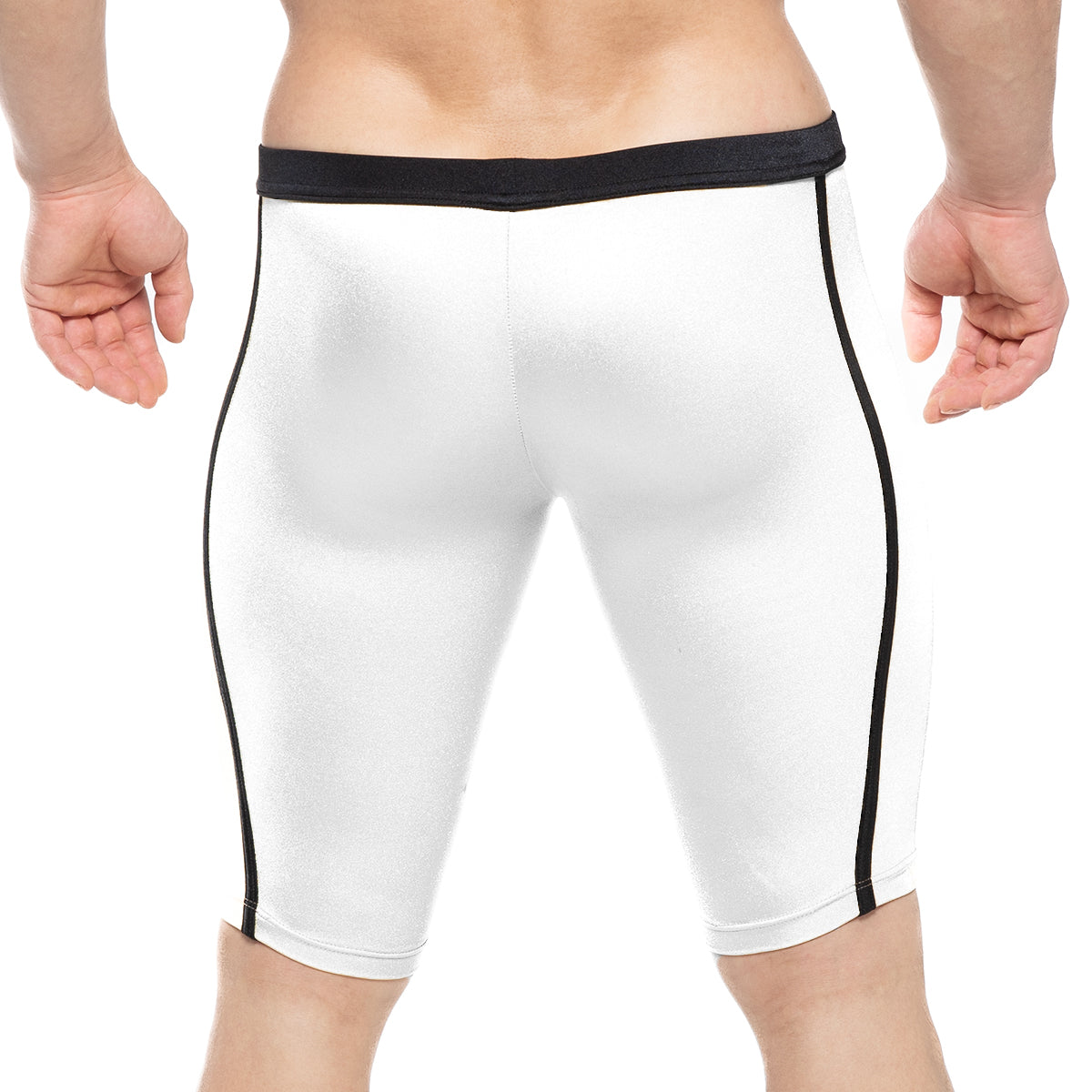 MetroMaleWear University Biker white athletic shorts with black side stripes and black elastic waistband