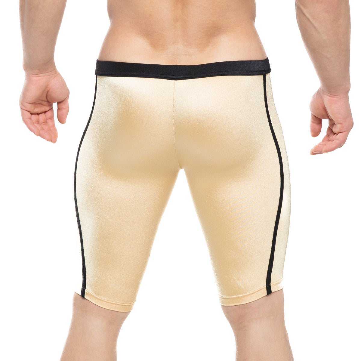 Beige metallic MetroMaleWear University biker shorts with black trim along sides and waistband in athletic style