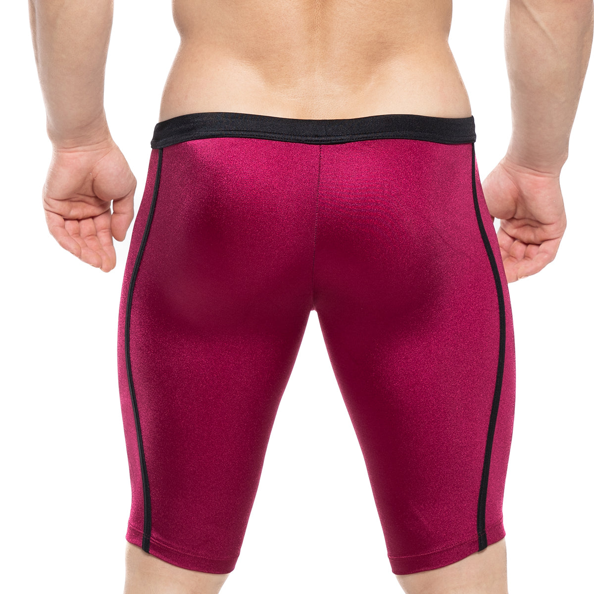 Fuchsia form-fitting athletic shorts with black side stripes and elastic waistband from MetroMaleWear University Biker