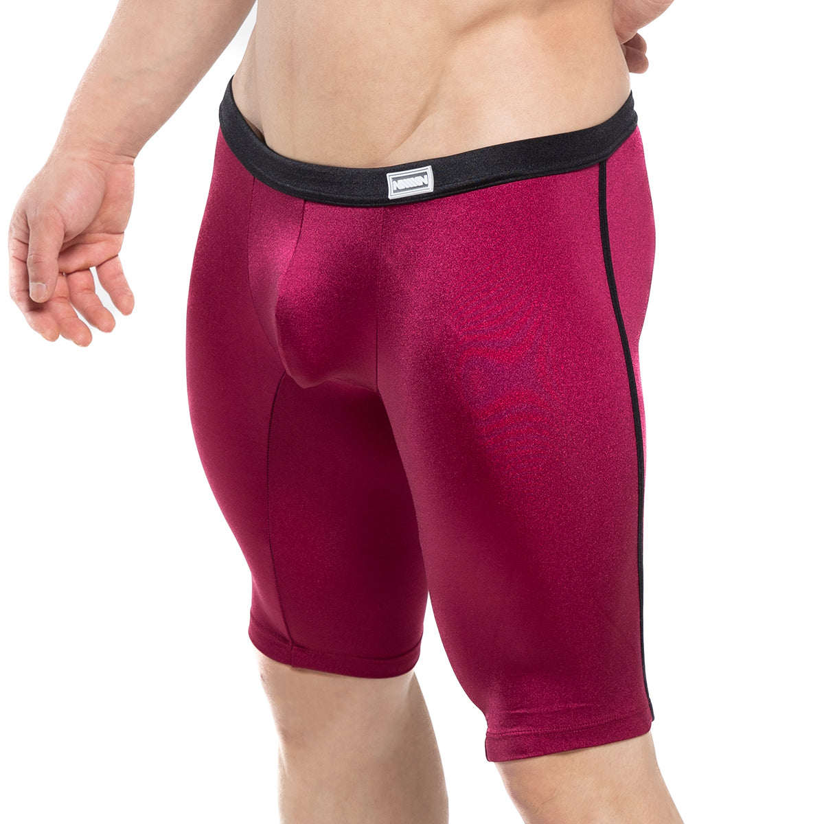 Maroon MetroMaleWear University biker shorts with black elastic waistband and side seam trim for athletic use