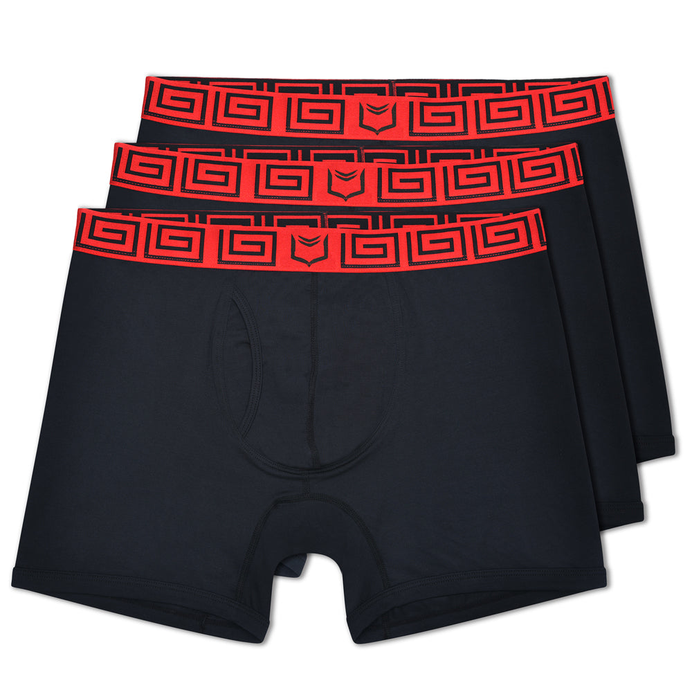 Black sheath 4.0 boxer briefs 3-pack with bold red greek key waistband and small black logo for support and comfort