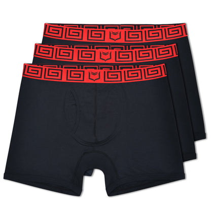 Black sheath 4.0 boxer briefs 3-pack with bold red greek key waistband and small black logo for support and comfort