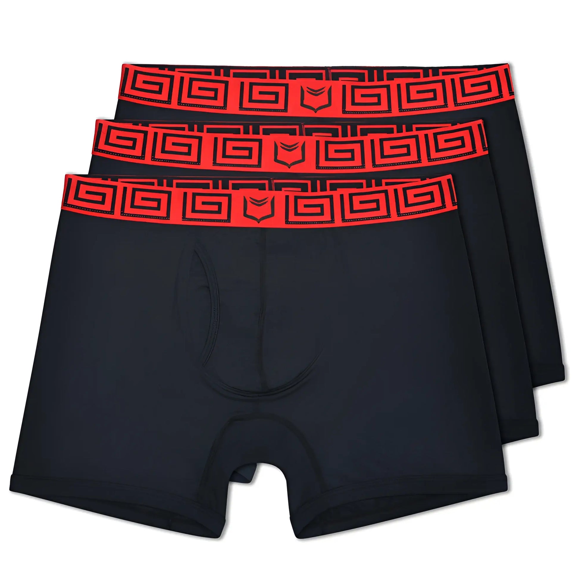Black sheath 4.0 boxer briefs 3-pack with bold red greek key waistband and small black logo for support and comfort