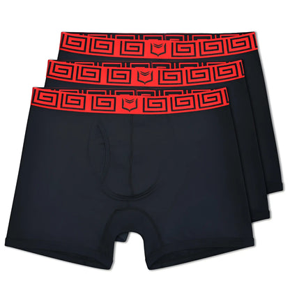 Black sheath 4.0 boxer briefs 3-pack with bold red greek key waistband and small black logo for support and comfort