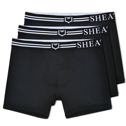 Black men’s boxer briefs with white elastic waistband sheath brand name and shield logo in a 3-pack bundle