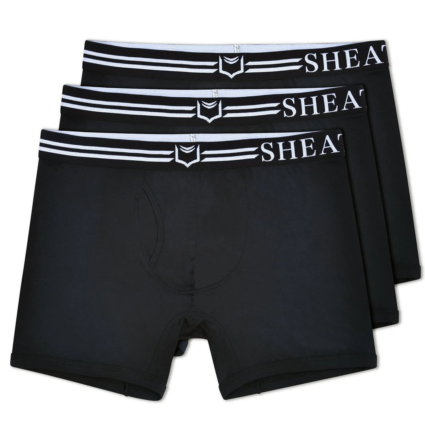 Black men’s boxer briefs with white elastic waistband sheath brand name and shield logo in a 3-pack bundle