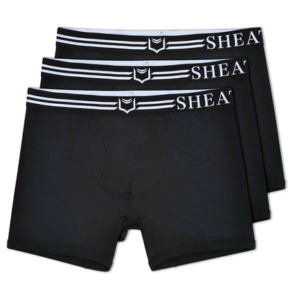Black men’s boxer briefs with white elastic waistband sheath brand name and shield logo in a 3-pack bundle