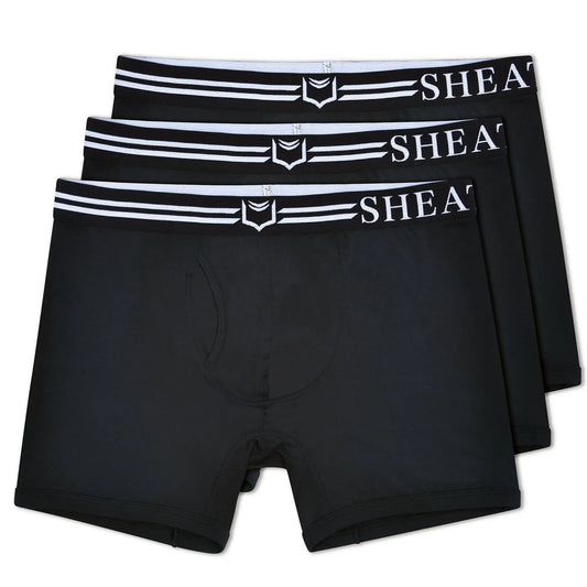 Black men’s boxer briefs with white elastic waistband sheath brand name and shield logo in a 3-pack bundle