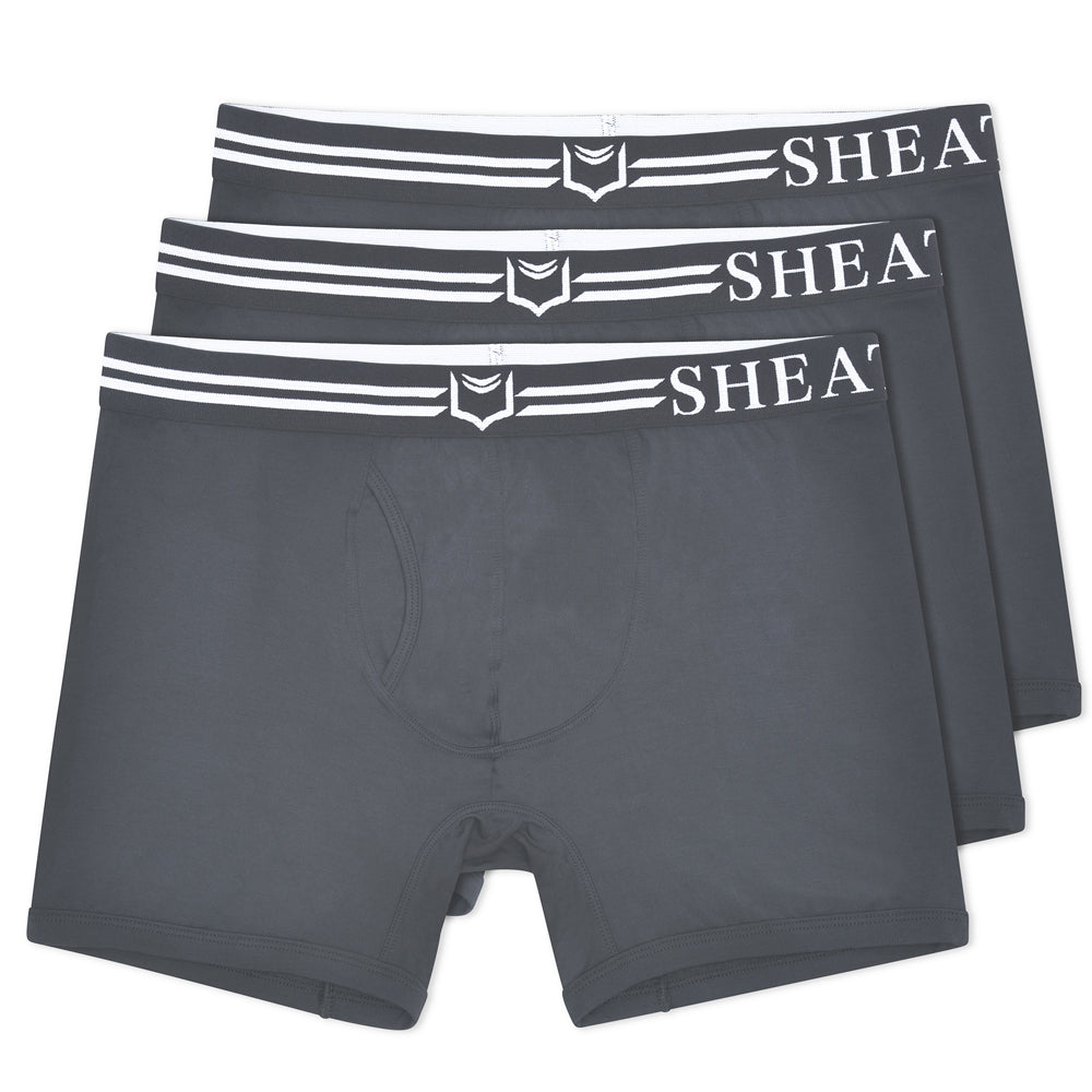 Dark gray sheath 4.0 dual pouch boxer briefs with white elastic waistband and shield logo in a 3-pack bundle