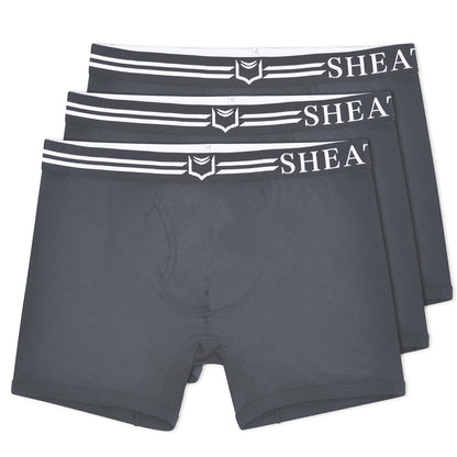 Dark gray sheath 4.0 dual pouch boxer briefs with white elastic waistband and shield logo in a 3-pack bundle
