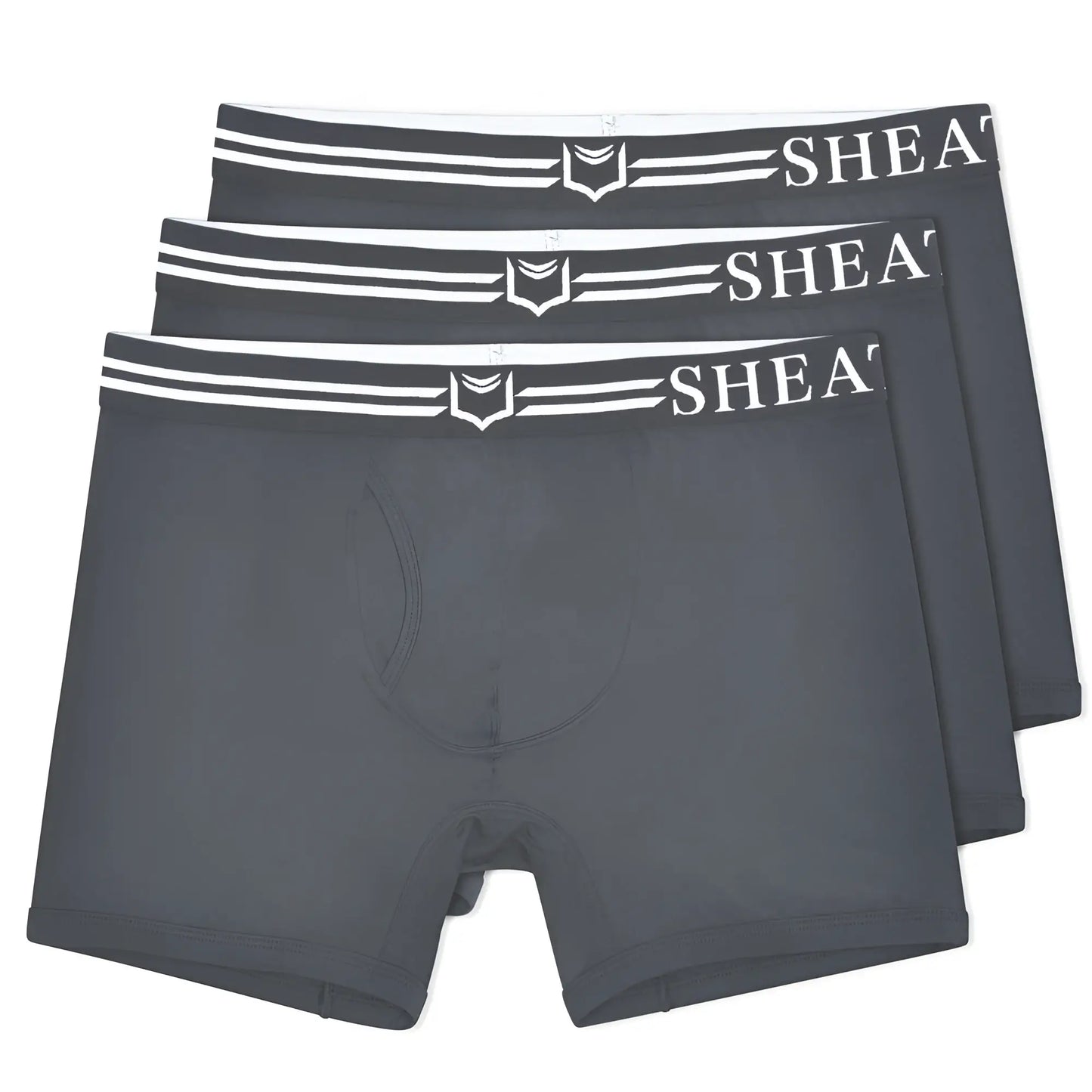Dark gray sheath 4.0 dual pouch boxer briefs with white elastic waistband and shield logo in a 3-pack bundle