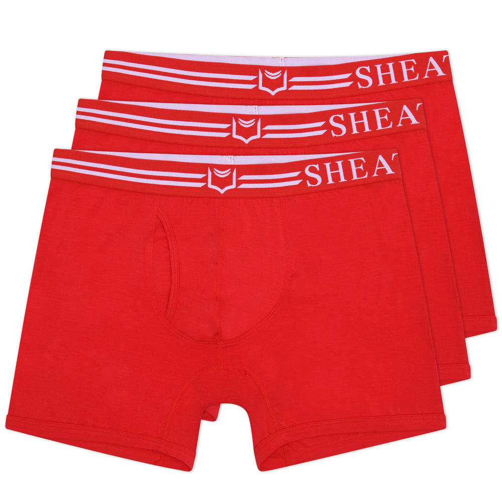 Red men’s dual pouch boxer briefs with white elastic waistband featuring shea brand name and logo from sheath 4.0 bundle