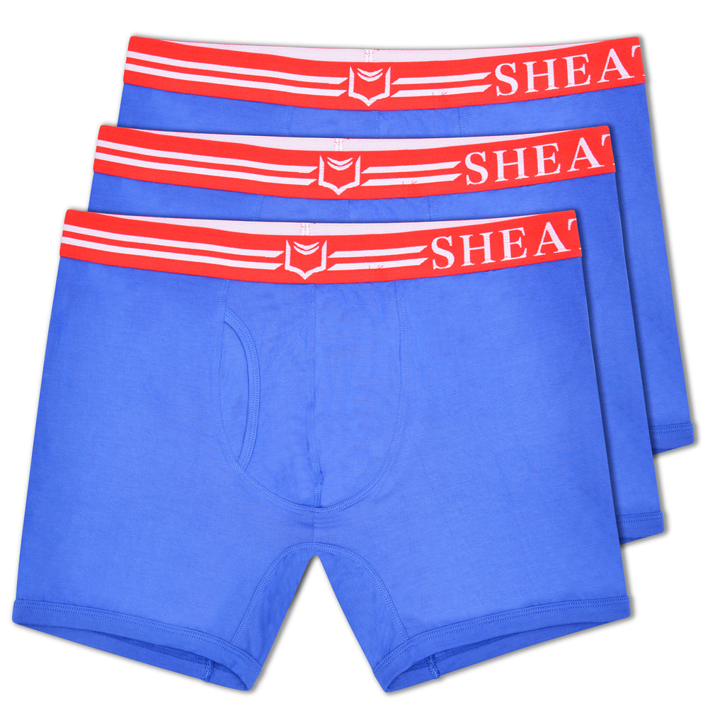 Blue sheath 4.0 boxer briefs with red and white elastic waistband featuring sheath logo in a 3-pack bundle