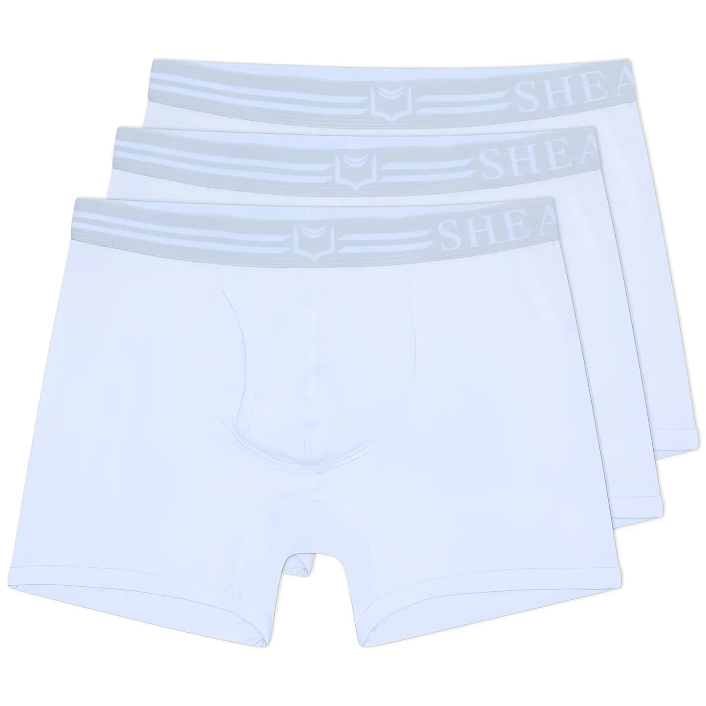 White men’s briefs with light gray elastic waistband featuring shea brand name in sheath 4.0 dual pouch boxer briefs 3-pack