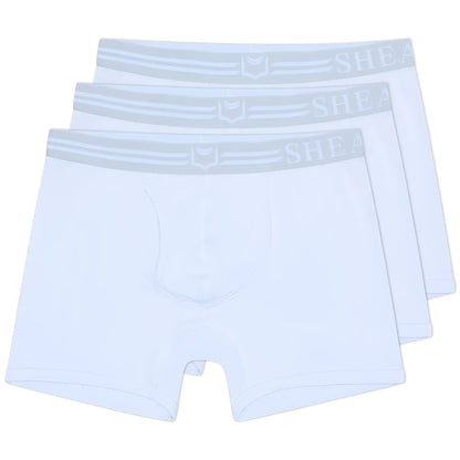 White men’s briefs with light gray elastic waistband featuring shea brand name in sheath 4.0 dual pouch boxer briefs 3-pack