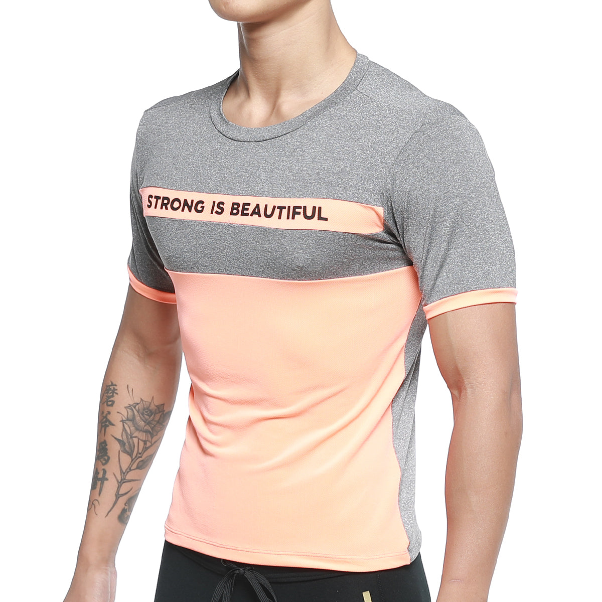 Gray and peach color-blocked MetroMaleWear SIB tank top with strong is beautiful print for athletic wear