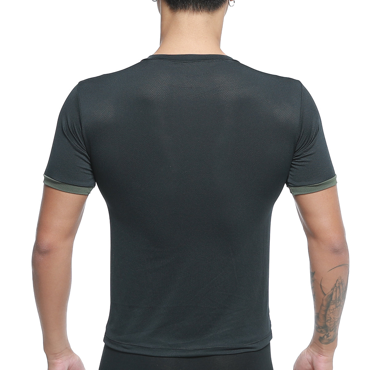 MetroMaleWear SIB tank top green 4127-26 black short-sleeved athletic shirt with textured pattern and olive green sleeve trim