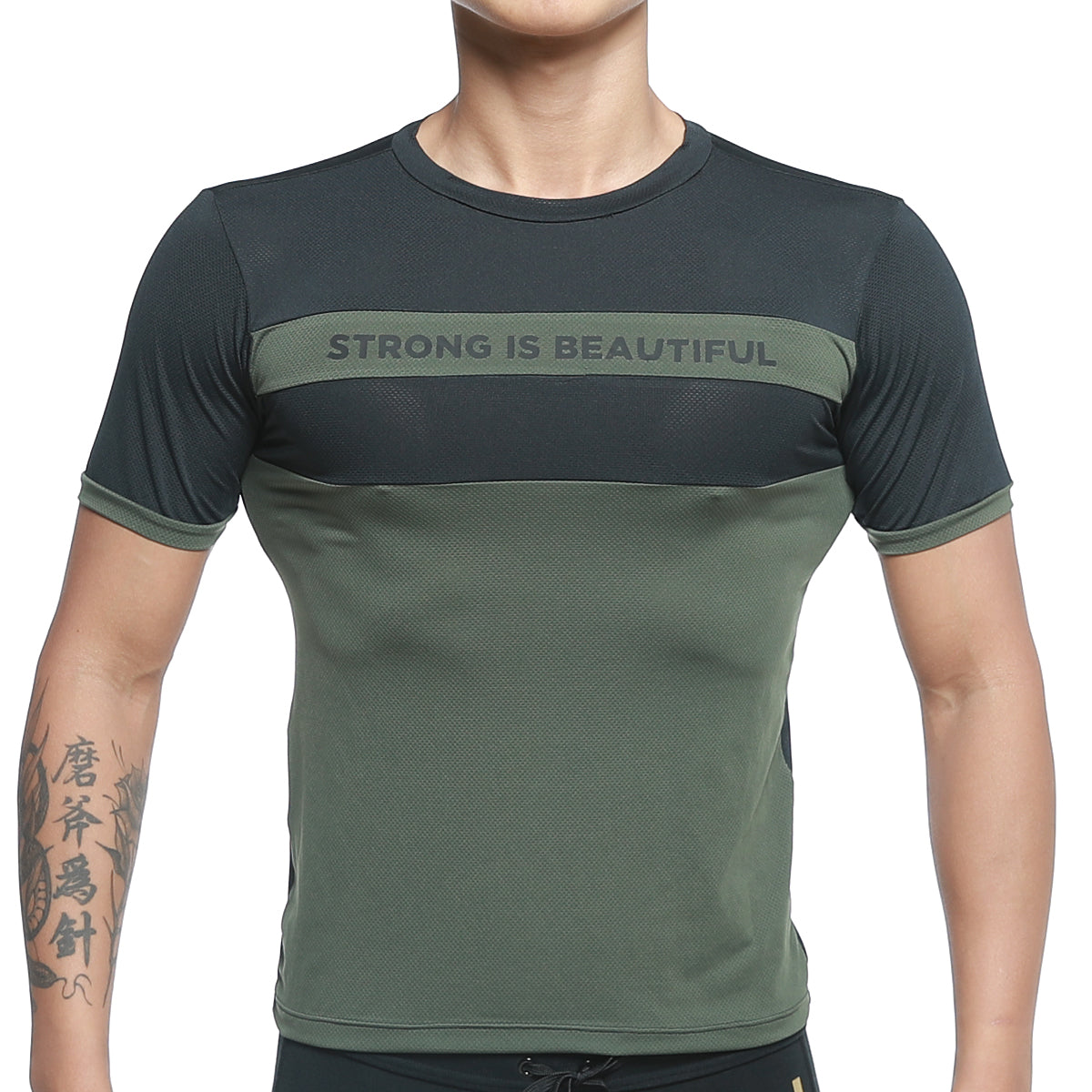 MetroMaleWear sib tank top green 4127-26 dark green and black athletic short-sleeve tshirt with chest mesh panel and strong is beautiful text
