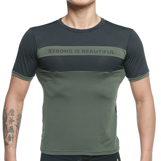 MetroMaleWear sib tank top green 4127-26 dark green and black athletic short-sleeve tshirt with chest mesh panel and strong is beautiful text