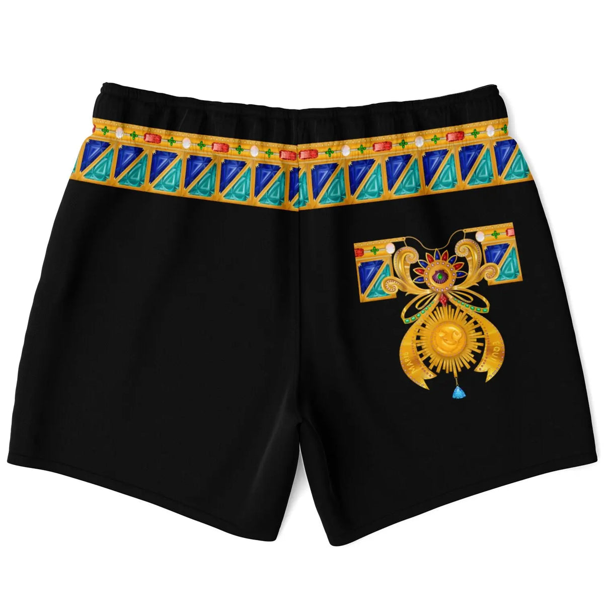 Black men's swim shorts by Maris Equi featuring colorful bejeweled waistband and decorative sun motif on the side.