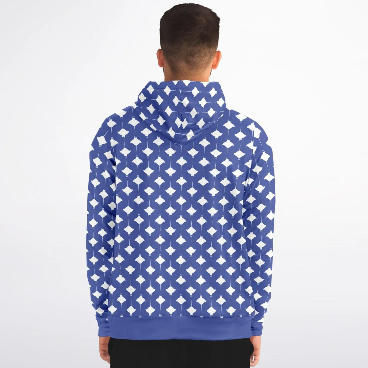 Blue cotton blend hoodie with white manta ray pattern featuring a zip-up front and adjustable hood by Maris Equi.