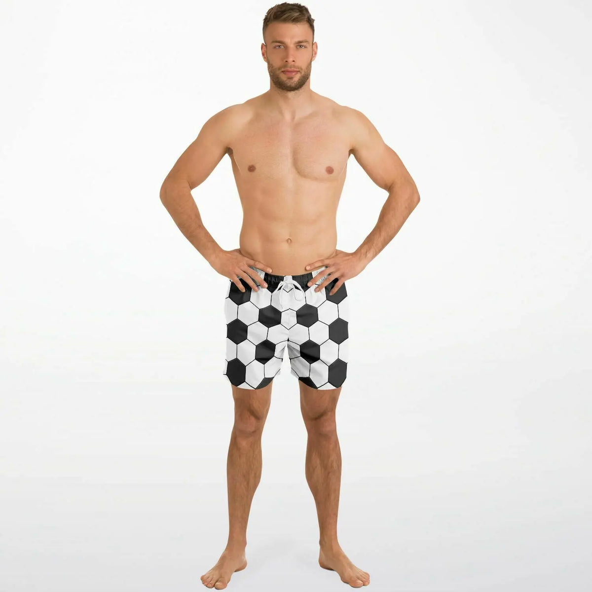 Men's swim shorts by Maris Equi featuring a black and white soccer ball pattern elastic waistband and drawstring closure.