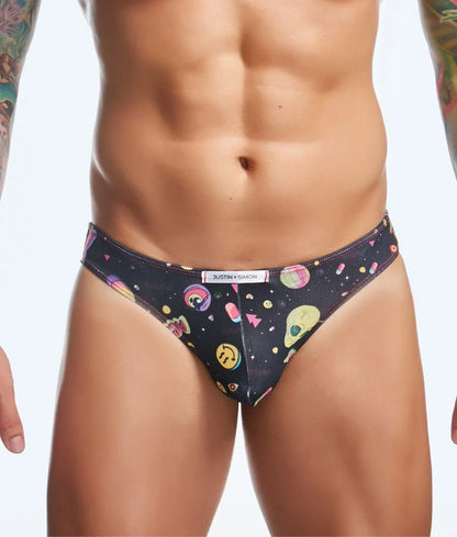 Black Justin plus Simon classic mens bikini briefs with colorful space-themed aliens smiley faces and geometric shapes pattern