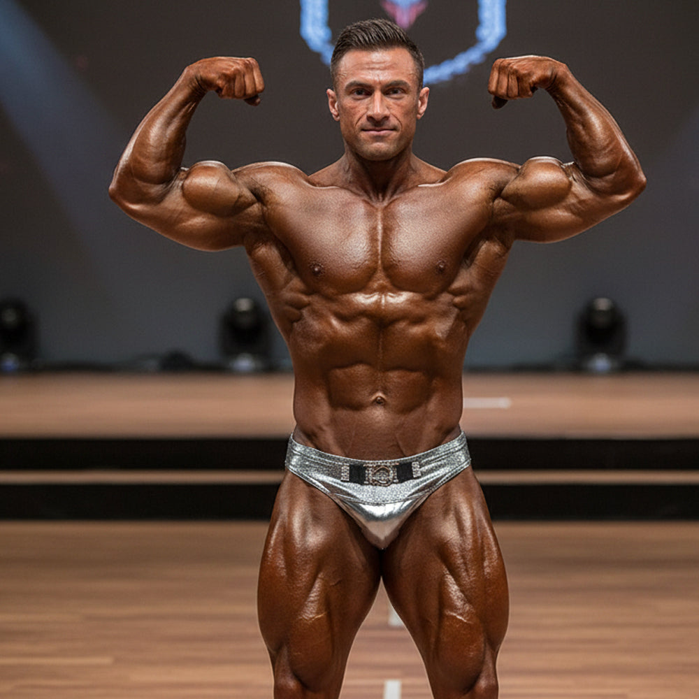 A muscular man wearing shiny silver metro musclwear elia muscle trunk competition briefs with black belt and decorative buckle