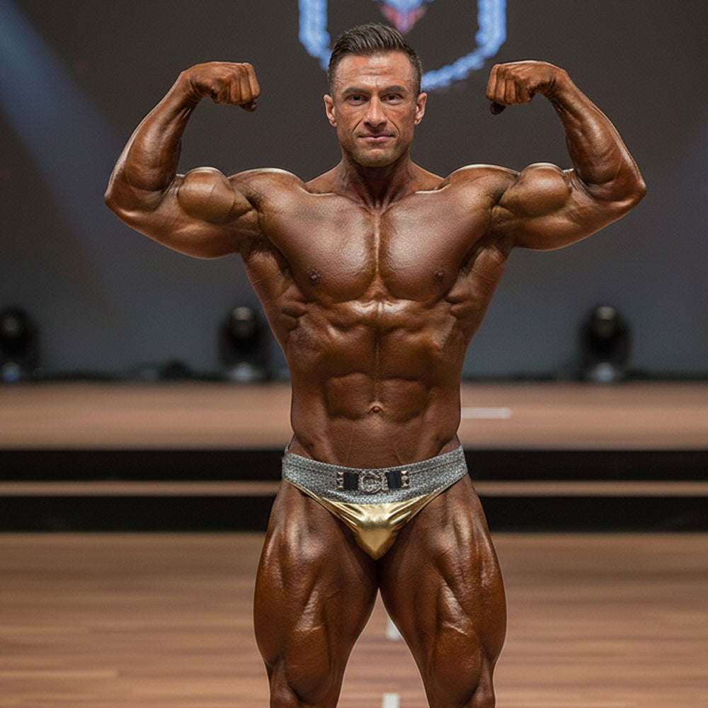 MetroMaleWear Elia muscle trunk metallic gold and silver bodybuilding briefs with textured glittery waistband