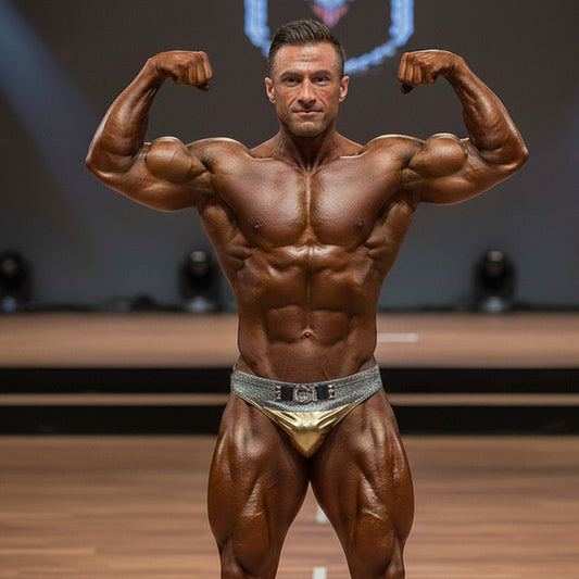MetroMaleWear Elia muscle trunk metallic gold and silver bodybuilding briefs with textured glittery waistband
