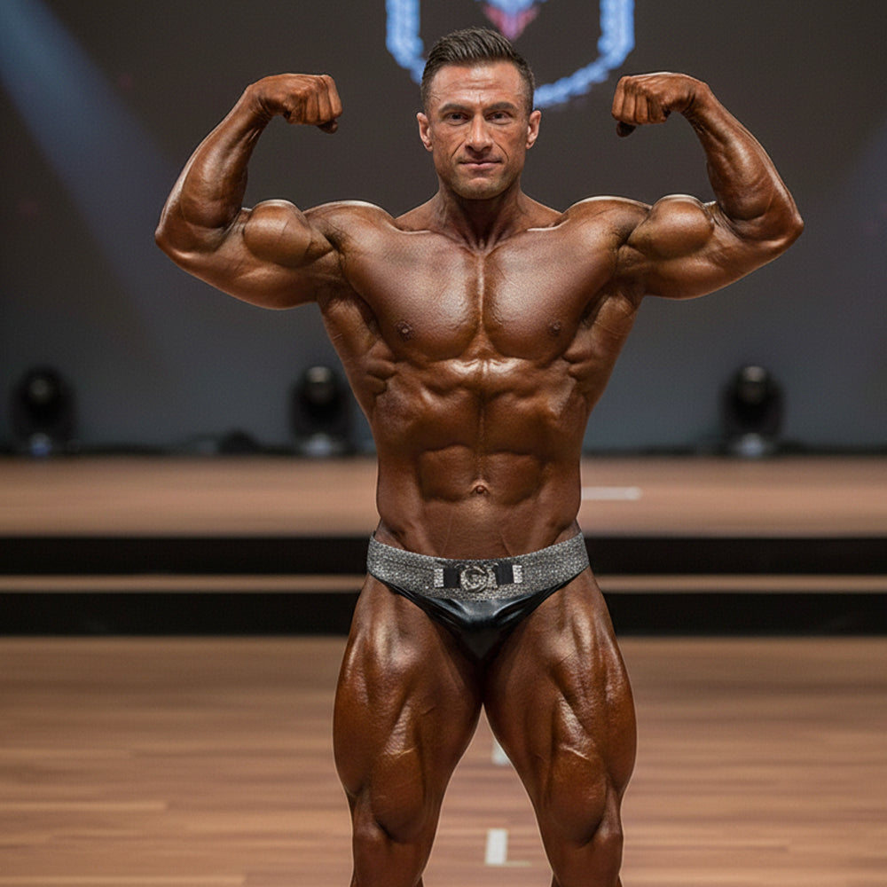 A muscular man with a glossy tanned complexion flexing his arms wearing black metro musclwear elia muscle trunk 4700-05