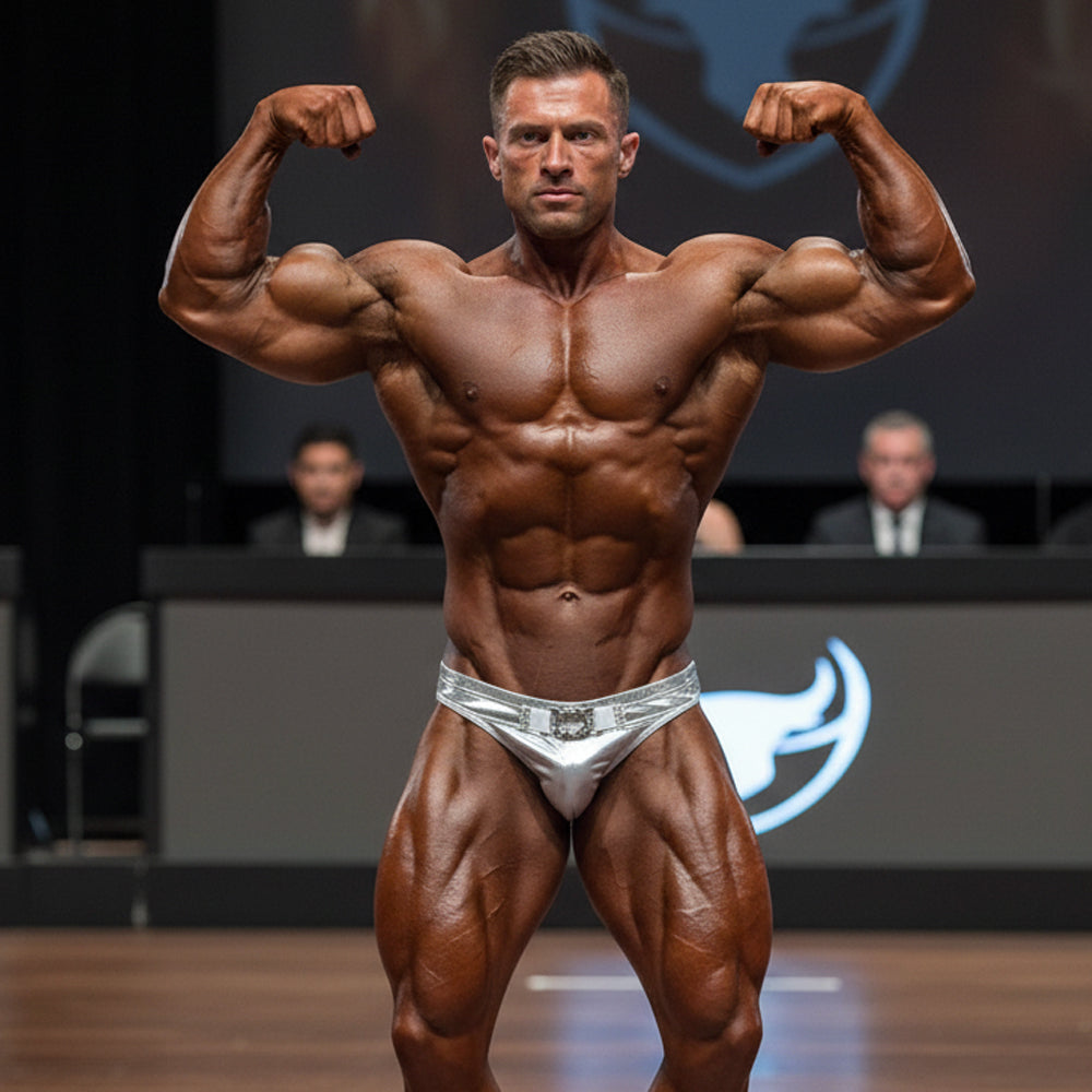 A muscular man wearing shiny silver MetroMaleWear MetroMuscleWear muscle trunk Nevada 4700-07 with decorative belt buckle