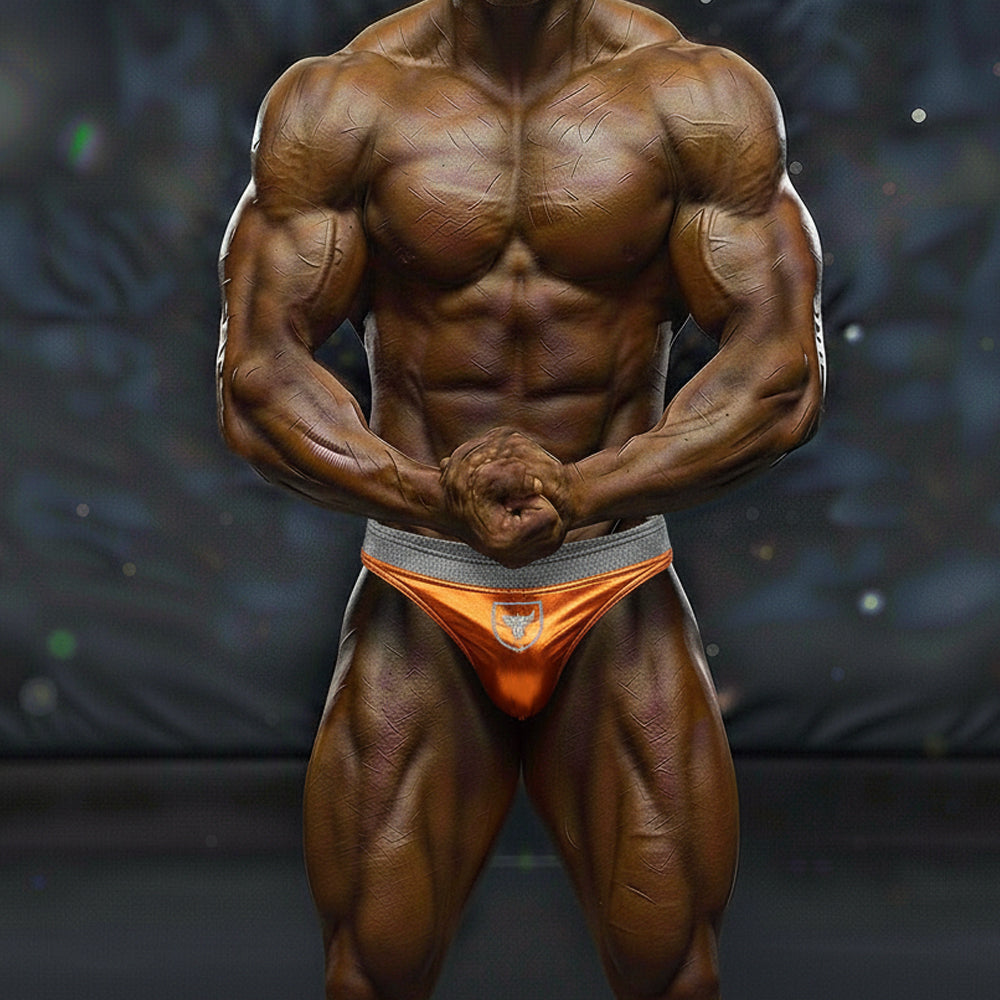 Orange athletic muscle trunk briefs with gray waistband and white logo by metromalewear metro musclwear