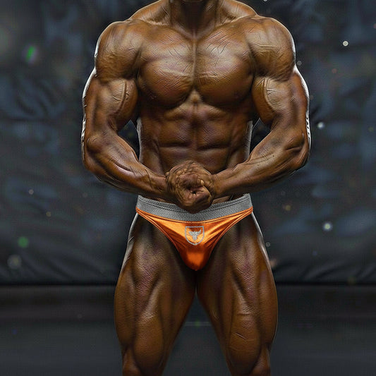 Orange athletic muscle trunk briefs with gray waistband and white logo by metromalewear metro musclwear