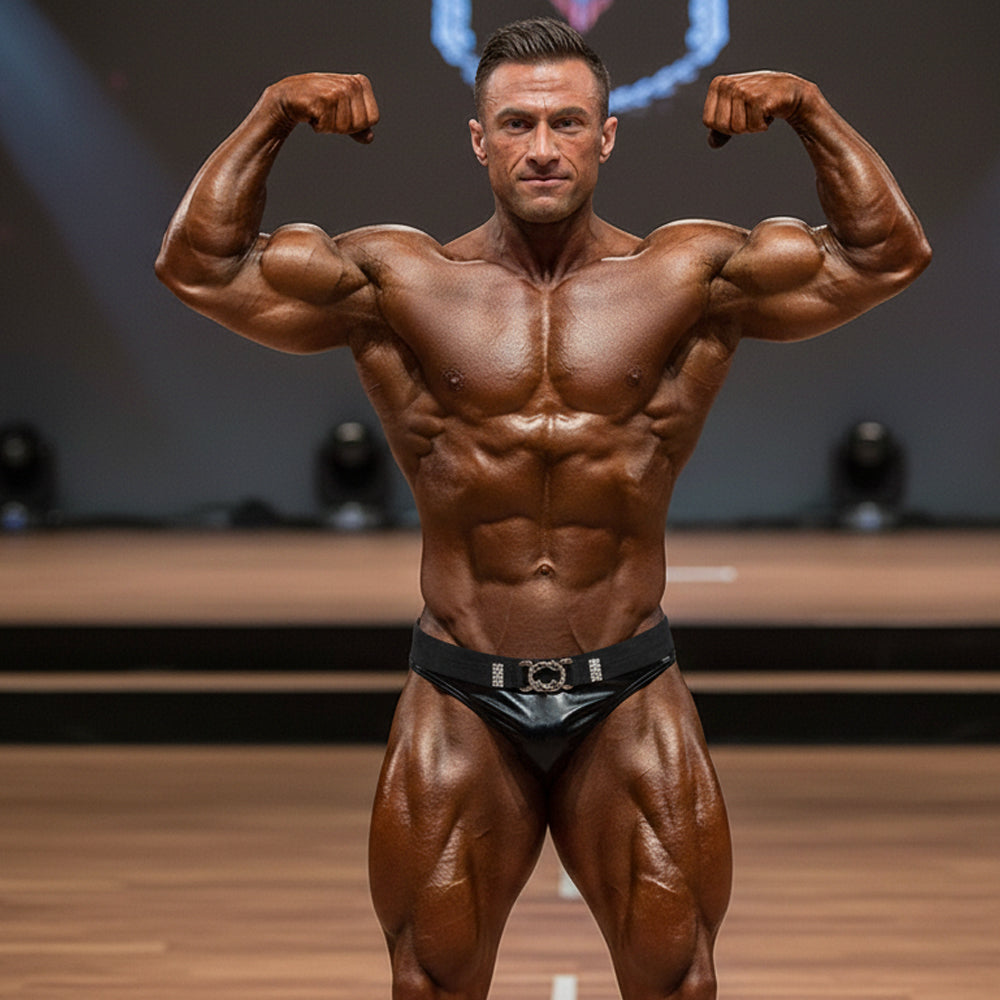 A muscular man with a glossy tanned complexion flexes in black leather MetroMaleWear MetroMuscleWear muscle trunk
