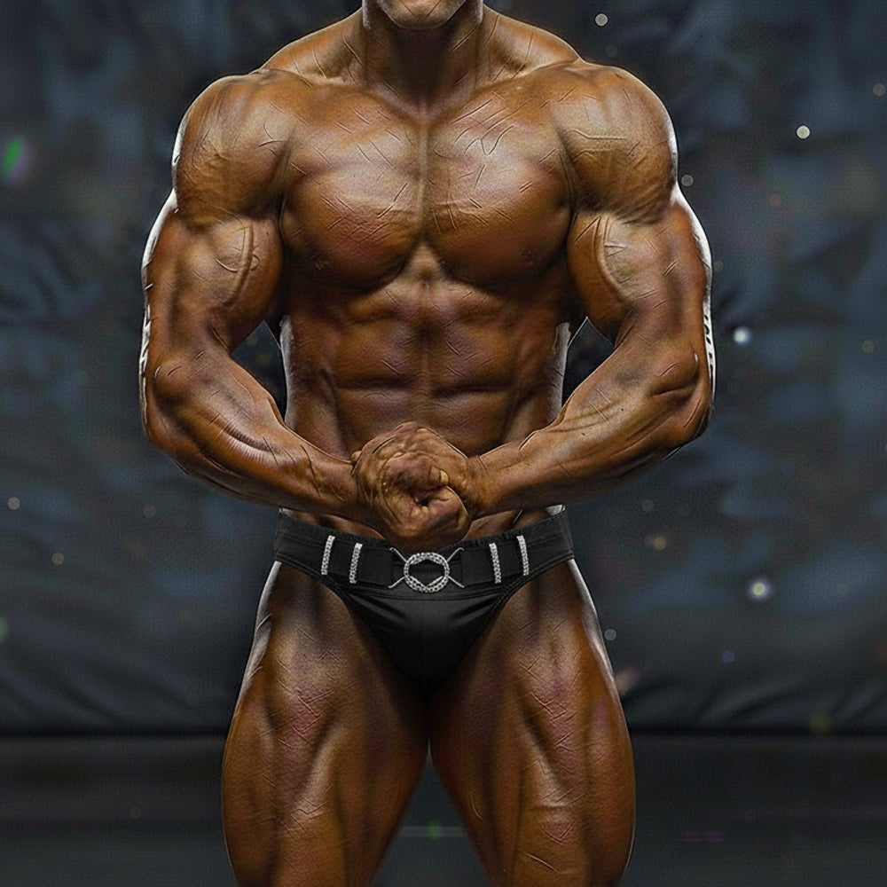 A muscular bodybuilder wearing black MetroMuscleWear competition briefs with a silver and white decorative belt