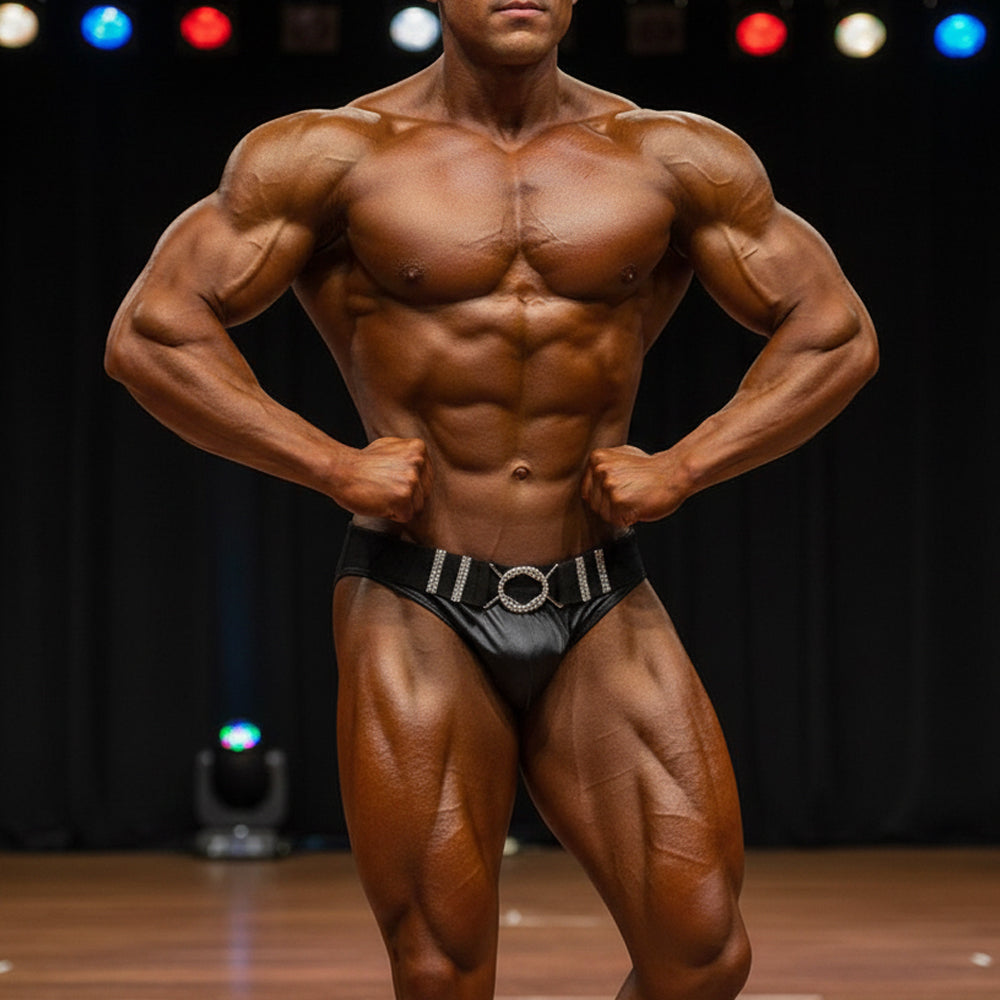 Black leather briefs with silver rhinestone belt buckle from MetroMaleWear MetroMuscleWear Forte Muscle Trunk 4700-22