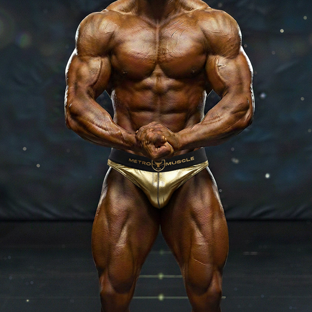 Gold metallic briefs with black waistband featuring metro muscle branding from metro male wear dorado muscle trunk 4700-24
