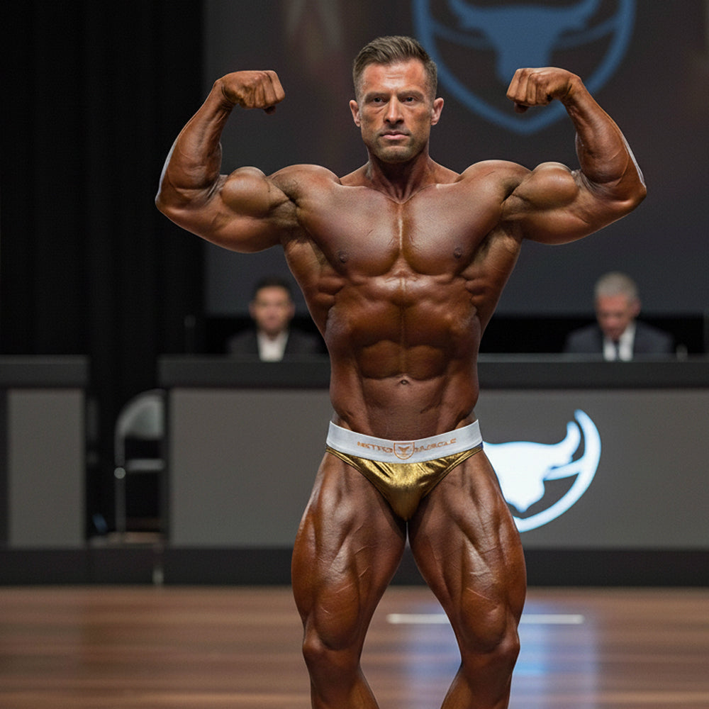 A muscular man confidently posing in gold and white metro muscle trunk briefs by MetroMaleWear