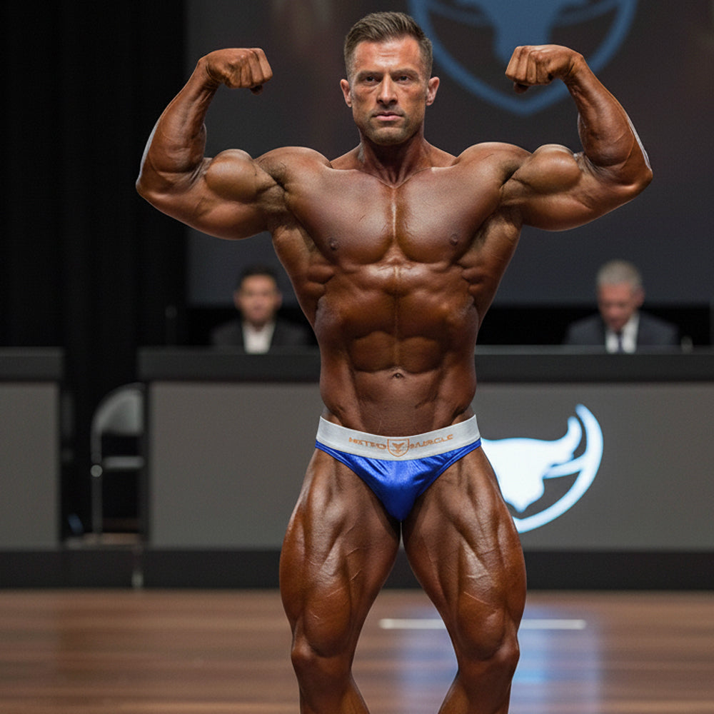Blue and white metro muscle branded mens bodybuilding competition briefs for performance and style