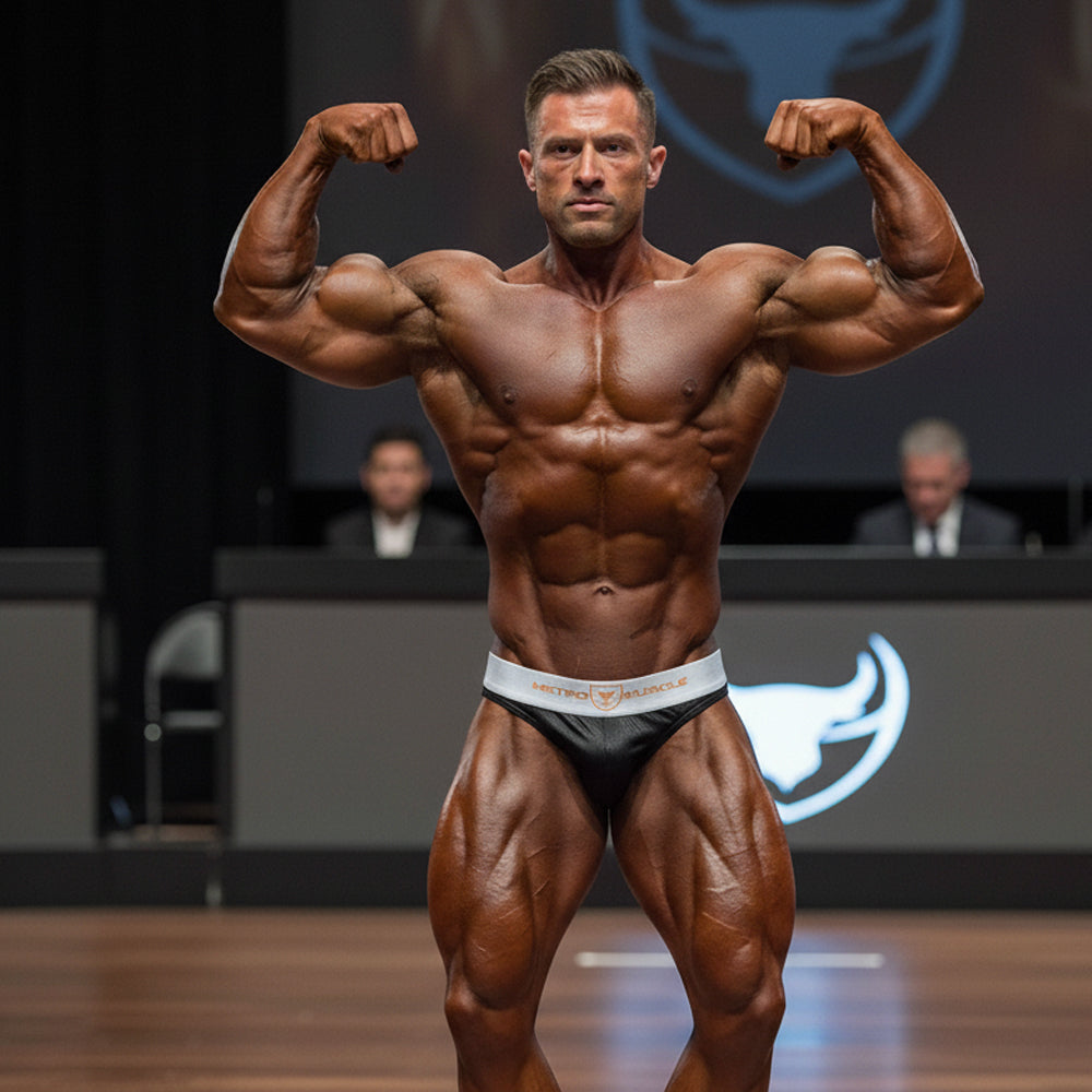 A muscular man wearing black and white metro branded competition briefs metro musclewear cortina muscle trunk