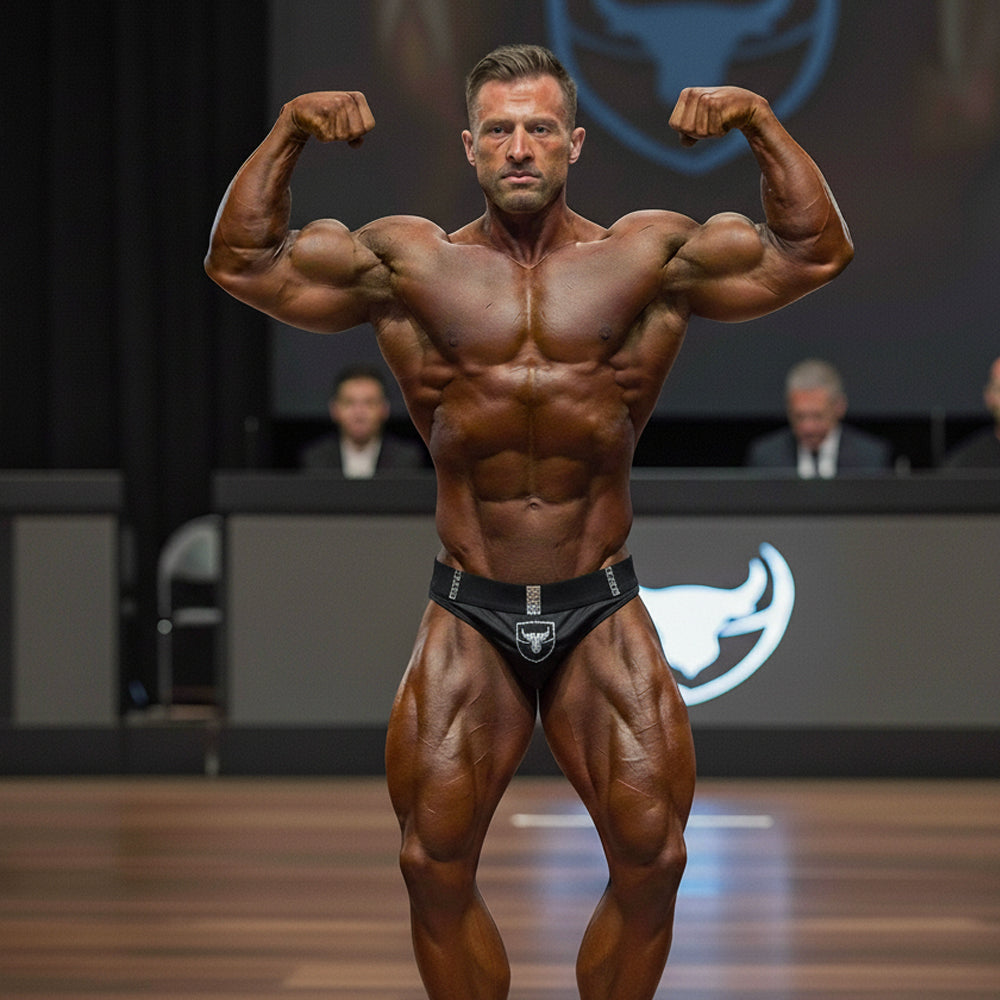 A muscular man wearing black MetroMaleWear obsidiana muscle trunk with white bull logo flexing at a bodybuilding contest