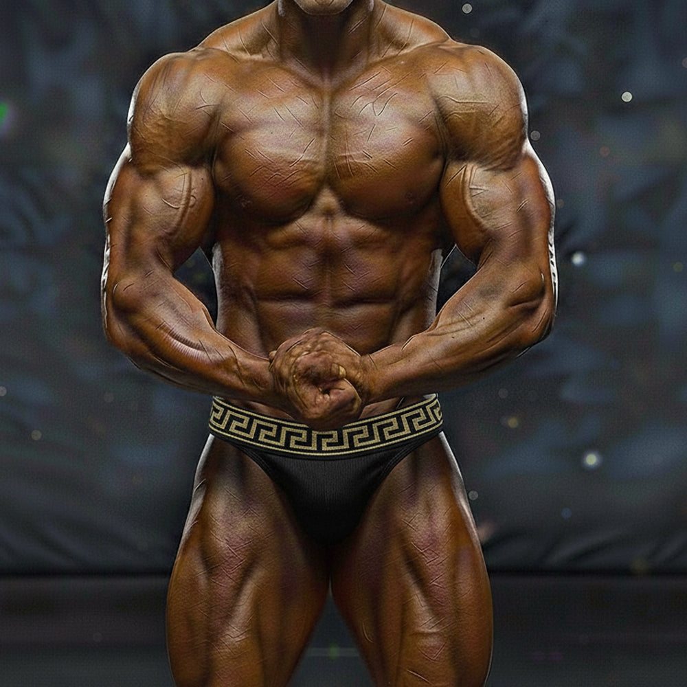Black briefs with gold greek key waistband pattern from metromalewear metromusclewear muscle trunk leonardo 4700-60